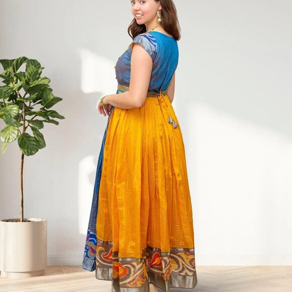 Yellow and Blue Silk Anarkali Dress | Muvvas Boutique - Picture 4 of 5